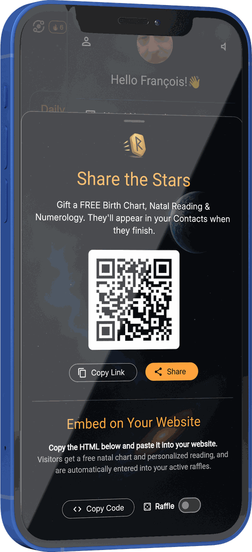 The Share the Stars panel in Runecast AI: a QR code for your own invite link, with Copy Link and Share buttons.
