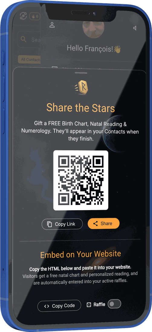 The Embed on Your Website panel in Runecast AI: a banner snippet with a Copy Code button and a raffle toggle.