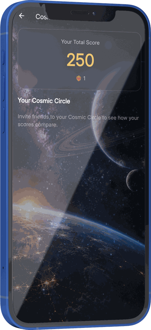 The Celestial Alignment score board, asking the player to invite friends to their Cosmic Circle to compare scores.